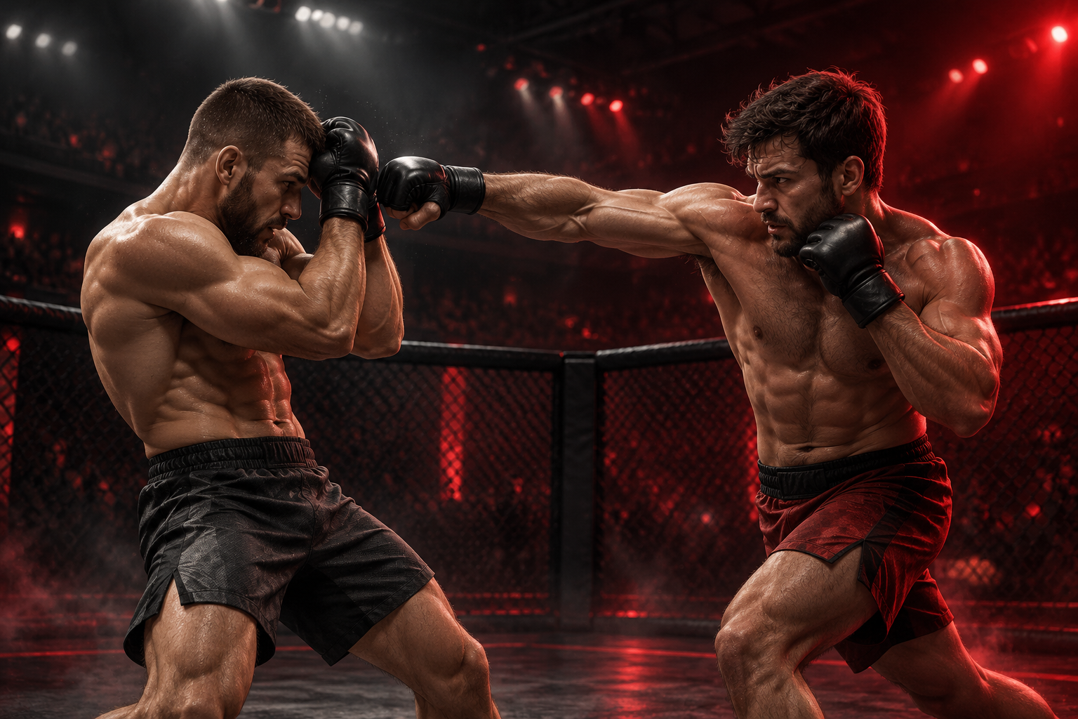Two fictional MMA fighters exchanging a punch and a guarded defense in a dramatically lit arena
